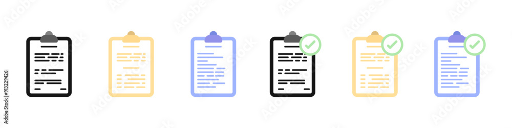 Poster folder with clip vector icon set. icons of a certified or not certified document. set of business ic