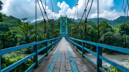 Obraz premium A vibrant blue suspension bridge spanning a wide lush jungle river.