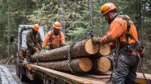 Three loggers in safety gear are loading large logs onto a truck in a forested area, showcasing teamwork.
