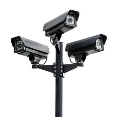 Black security CCTV cameras mounted on a pole, cut out