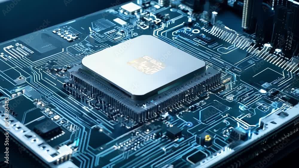 Poster exploring the intricate design of a microprocessor circuit board in a technology lab, highlighting i