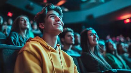 A young man sitting in a cinema seems to be enjoying the film