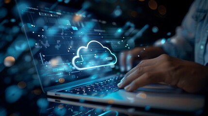 Naklejka premium a person using a laptop with graphics of file folders and a cloud upload icon, symbolizing data transfer or cloud computing