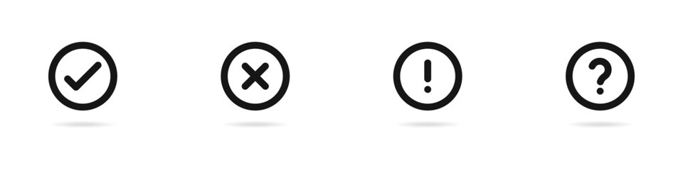 Vector icon set of check mark, exclamation point, question, cross in a circle. A set of punctuation marks. A simple set of attention signs. Vector illustration.