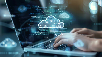 a person using a laptop with graphics of file folders and a cloud upload icon, symbolizing data transfer or cloud computing
