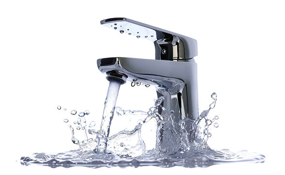 Modern chrome faucet with flowing water and splashing drops, cut out
