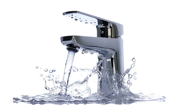 Modern chrome faucet with flowing water and splashing drops, cut out