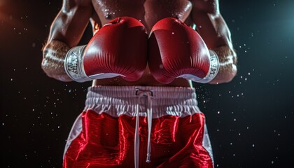 Muscular boxer is wearing red gloves and standing in a fighting stance, ready for the match