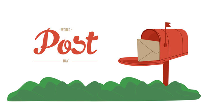 Post Day horizontal banner with post box mail box on green grass. World Post Day. Holiday poster design isolated. Open mailbox with an envelope. Postal letterbox. Colored flat vector illustration