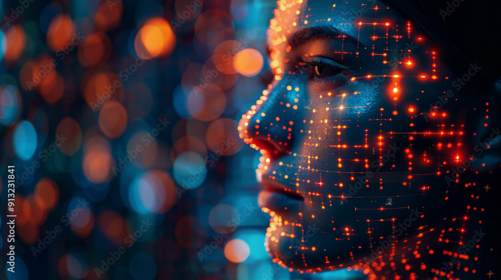 Poster close-up of a human face adorned with a grid of glowing digital lights, representing artificial inte