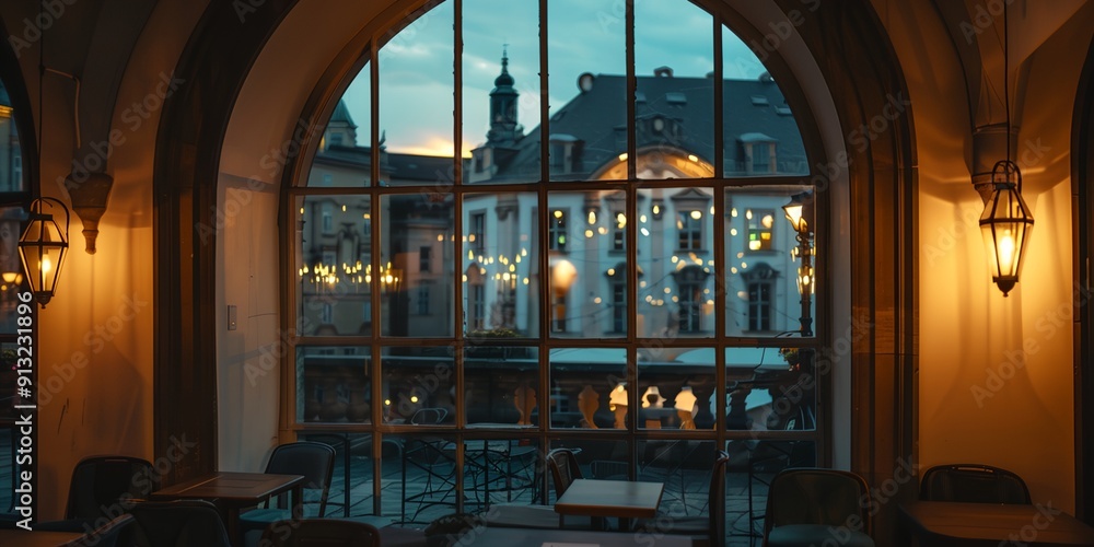 Poster a window in a building with a view of the city. the lights are dimmed, creating a cozy atmosphere