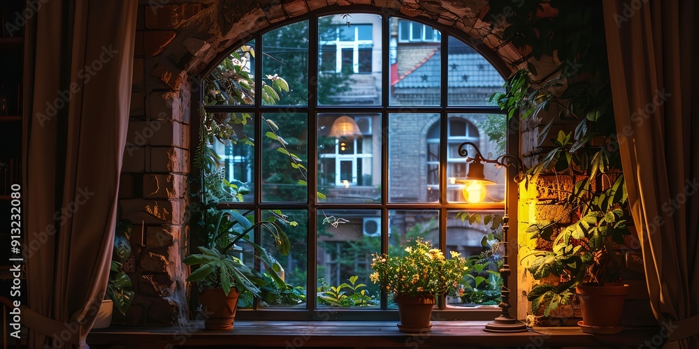 Poster a window with a lamp and plants in front of a building. the plants are in pots and there are several