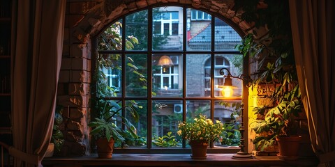 Obraz premium A window with a lamp and plants in front of a building. The plants are in pots and there are several of them. The scene is peaceful and relaxing