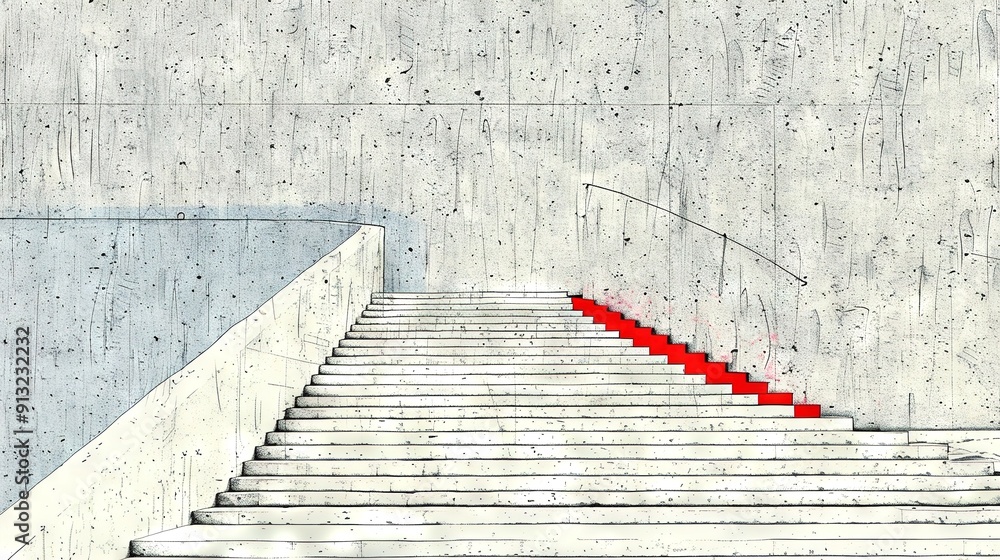 Wall mural   Red stairs lead up a concrete wall in a drawing