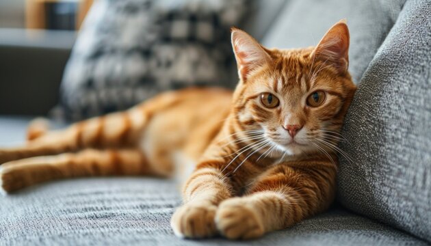Ginger cat is lying on a grey sofa, enjoying a moment of peace and tranquility