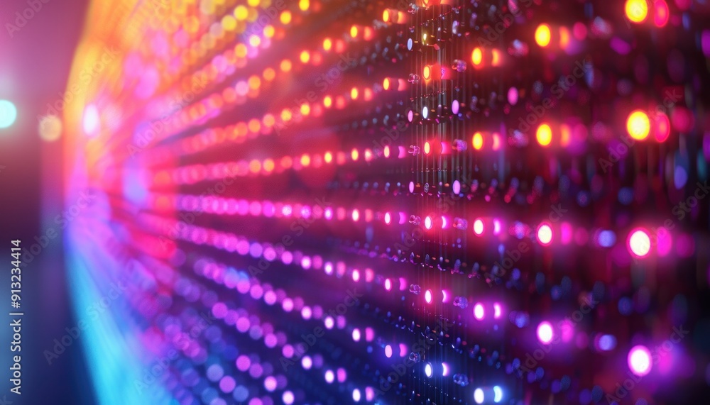 Poster blurred background of colorful led lights shining brightly in rows