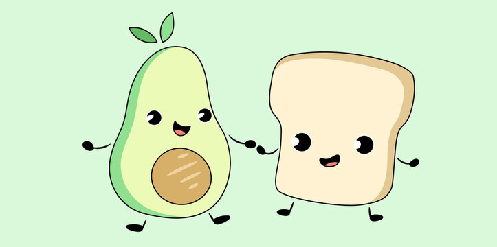 cute toast avocado hold hands smile friends together design