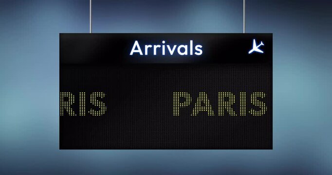 Paris flight arrival status on screen 4k animation, seamless loop
