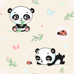 seamless pattern print design cute baby panda with nature elements