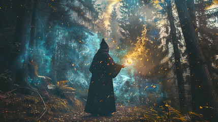 A wizard casting a spell in a mystical forest.