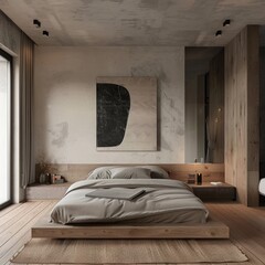Stylish bedroom featuring a large bed, concrete ideal for showcasing modern home decor