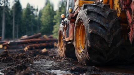 A powerful machine moves through the muddy forest, surrounded by freshly cut logs, showcasing active logging in a natural landscape.