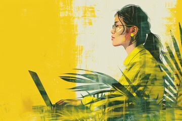 Young Woman Working on Laptop Surrounded by Greenery