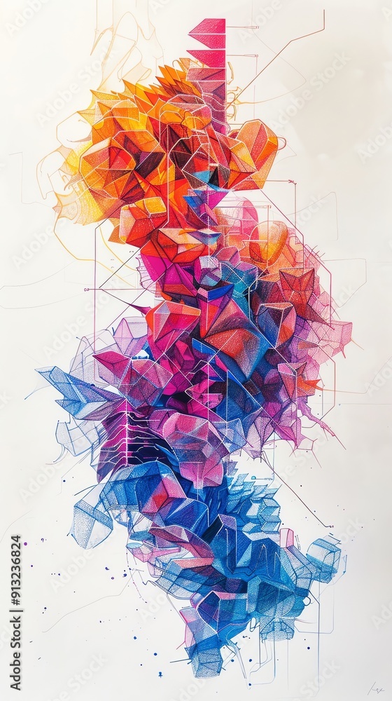 Poster abstract colorful geometric shapes blend fluidly, creating a vibrant and dynamic piece of digital ar