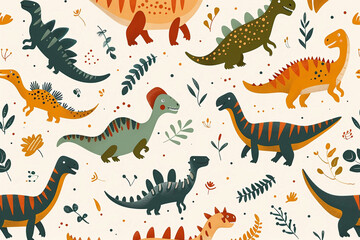Seamless wallpaper pattern featuring a variety of dinosaurs in a playful and dynamic design, perfect for creating an engaging and adventurous environment in children's rooms or themed spaces.