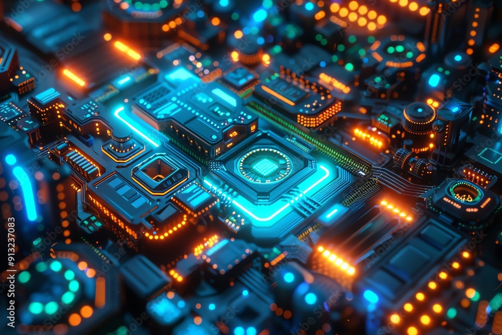 Poster stunning digital rendering featuring an intricate aerial view of a futuristic quantum computing faci