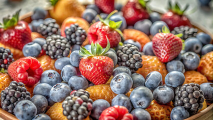 variety of fruits and berries on a wooden table. The table fills most of the frame, and the fruits are scattered across it in a colorful display. generative ai