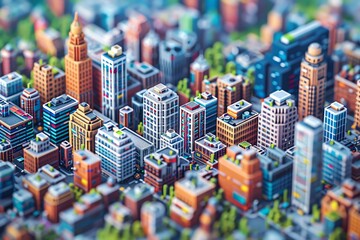 Obraz premium mesmerizing pixel art scene of a city seen from above, where advanced AI algorithms seamlessly integrate with everyday life, creating a vibrant and dynamic urban landscape