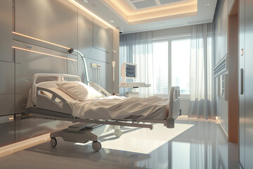 Medical quality and service concept. Contemporary modern hospital room with sleek design, latest medical equipment and technology, an empty bed with clean white linens stands ready for patient care