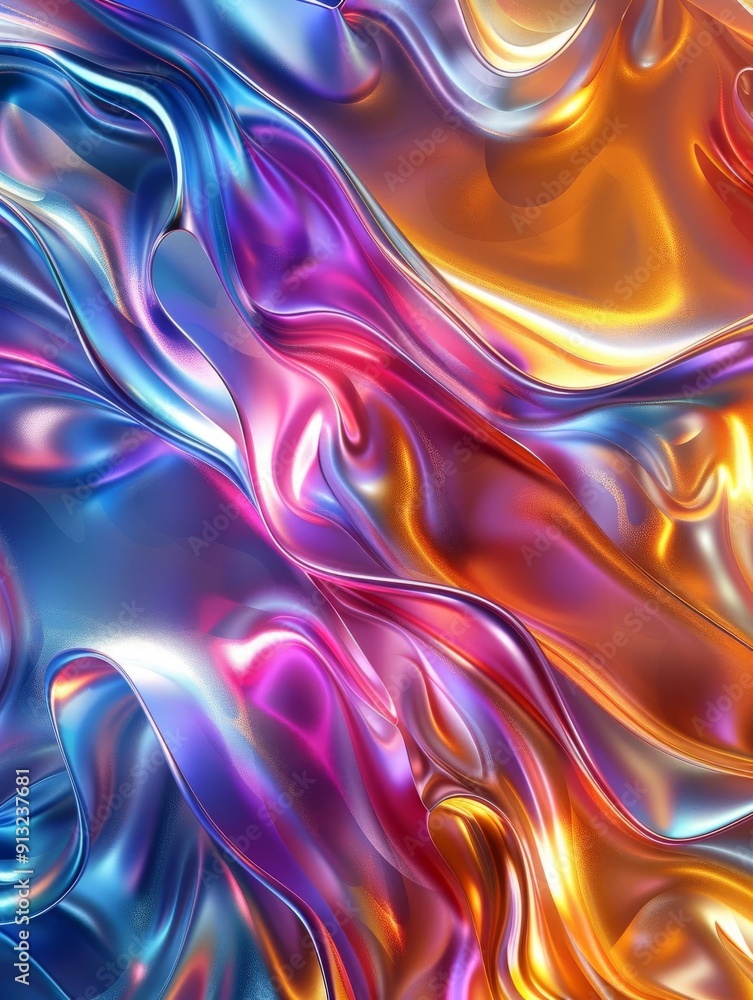 Poster colorful abstract metallic fluid waves with a blend of vibrant hues creating a dynamic and futuristi
