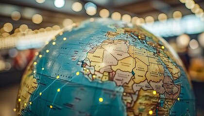 Close-up of a globe with focus on Africa. Illuminated world map in a library or office setting with warm ambient lighting in the background.