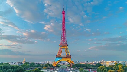 The eiffel tower glowing with colorful lights at sunset with a beautiful cloudy sky in paris, france