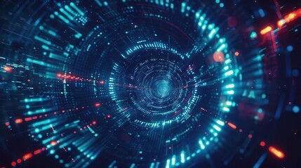 Fototapeta premium Dynamic digital tunnel with glowing particles and vibrant colors, representing technology and innovation in a futuristic space.