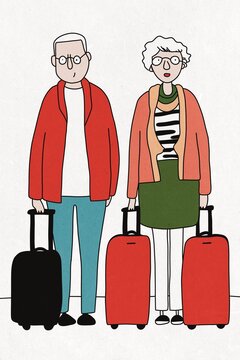 Elderly couple holding luggage in illustration style