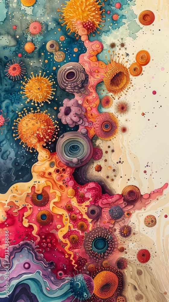 Aufkleber vibrant abstract artwork with colorful circular patterns and textures in a fluid, organic compositio