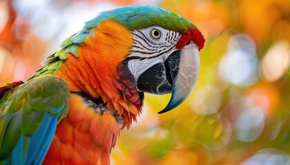 Obraz premium Beautiful scarlet macaw parrot is posing on a blurred background
