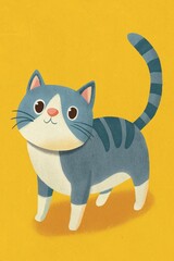 Illustrated playful kitten on a yellow background