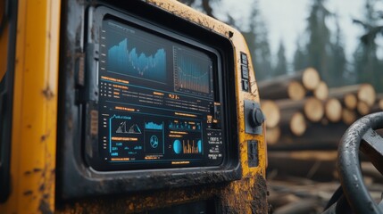 A logging machine's display shows operational data while surrounded by stacked logs in a forest.