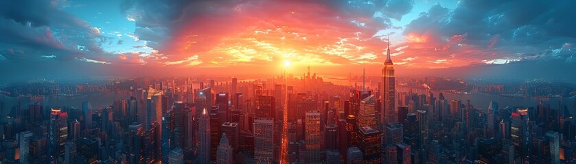 A stunning panoramic view of a city skyline at sunset, showcasing high-rise buildings under a vibrant sky filled with dramatic clouds.