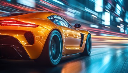 Fototapeta premium Yellow sportscar is speeding through a city at night with motion blur