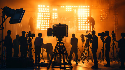 Film crew shooting movie scene on set with. Silhouettes of cameramen filming in a studio with smoke and lights. A smoky film set with a team preparing for a movie scene