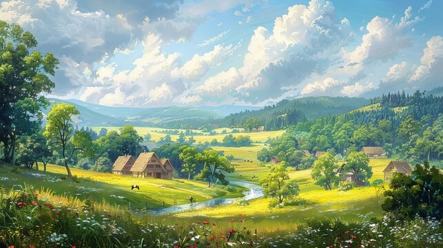 A picturesque countryside landscape with rolling hills, a stream, and farmhouses under a blue sky with fluffy clouds.