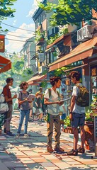 Obraz premium Vibrant street scene with people interacting, cafes, and lush greenery on a sunny day in a charming urban setting.