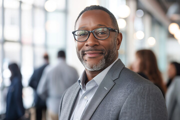 Fototapeta premium A middle-aged African-American businessman standing in an office, smiling and looking at the camera, dressed smartly in a gray suit.