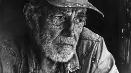 Fototapeta premium Black and white portrait of an elderly man wearing a cap, capturing the wisdom and experience in his thoughtful expression.