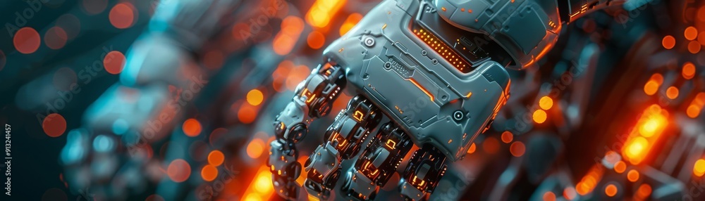 Poster close-up of a robotic hand with illuminated circuits, showcasing futuristic technology and advanced 